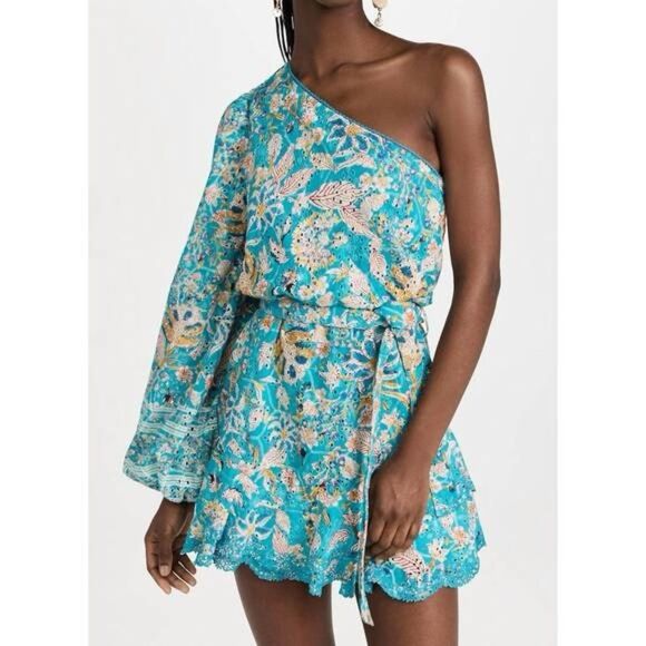 HEMANT AND NANDITA Lyna Short Floral One-Shoulder Dress in Turquoise Small NWT - Picture 2 of 7